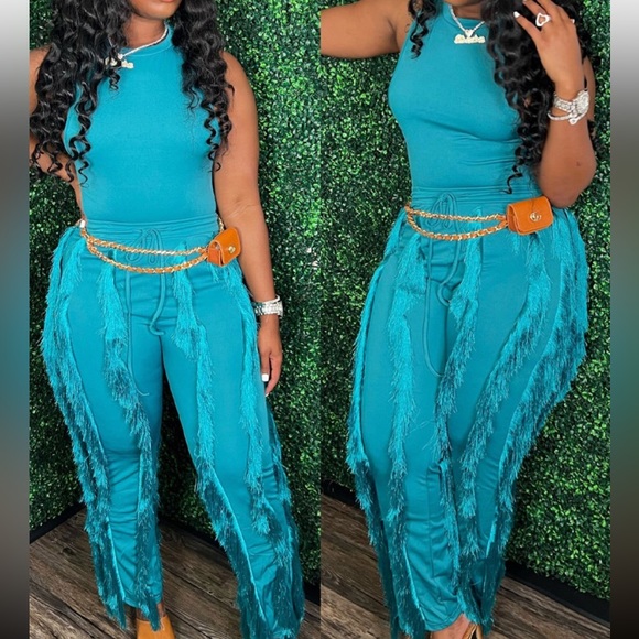 Turquoise Casual Tank Top & Tassel Decor Drawstring Pants Set - Picture 3 of 6